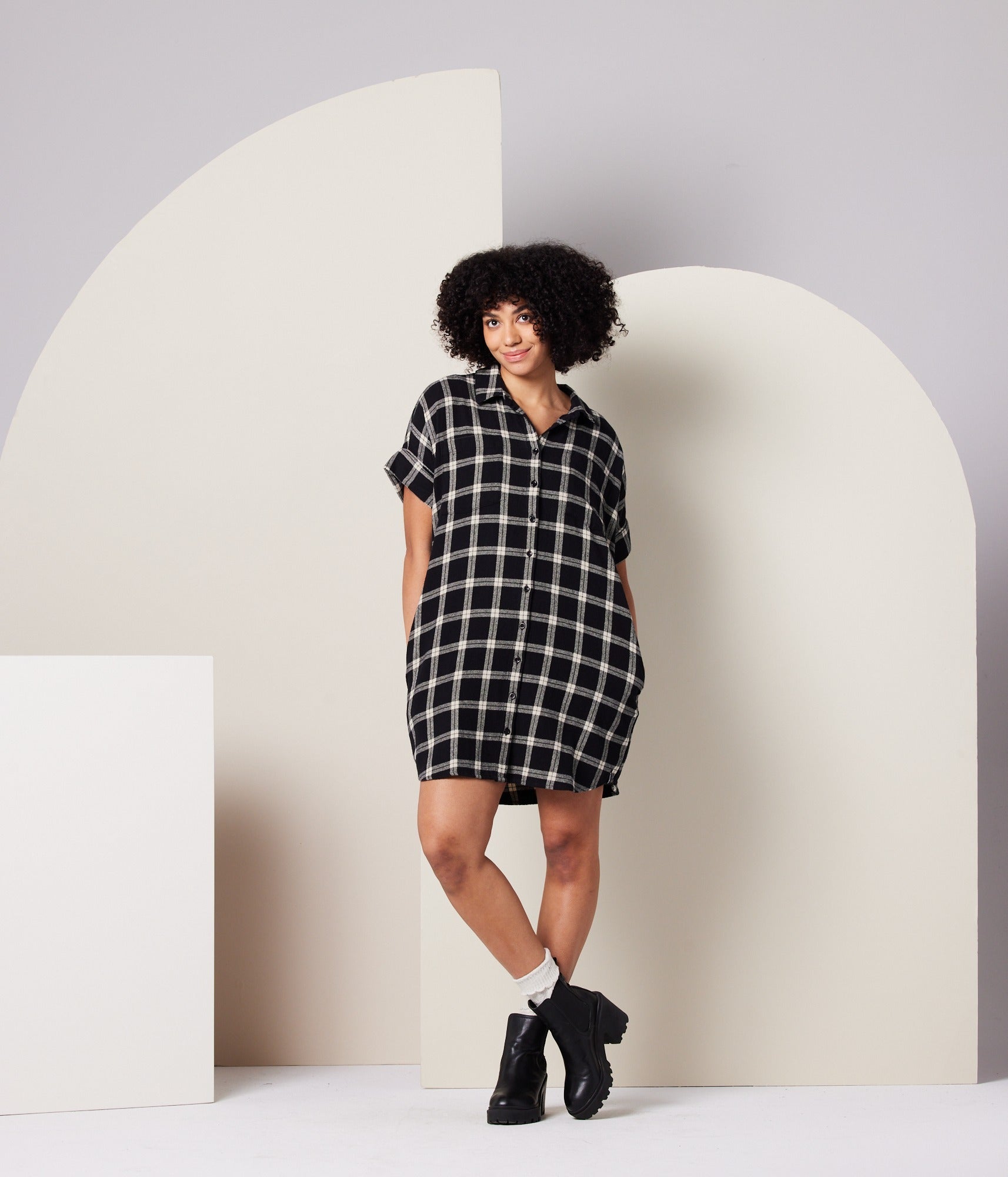 Amaris Dress - Black/Taupe Plaid