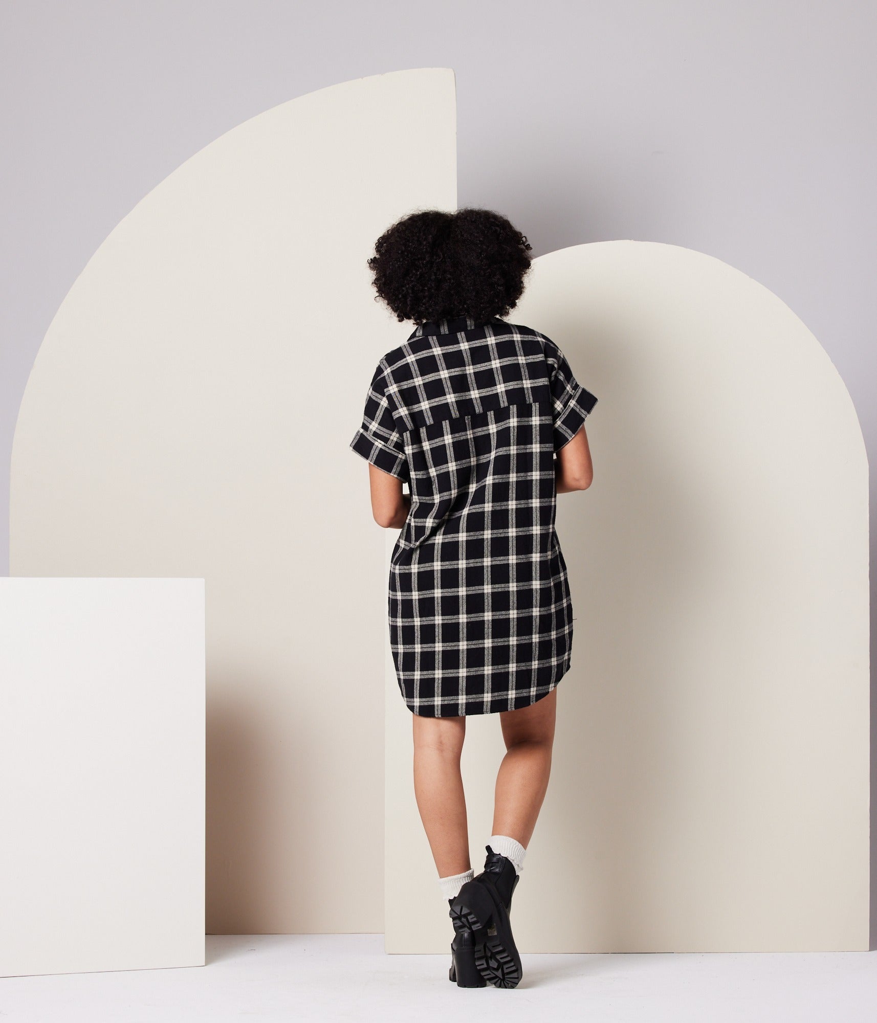 Amaris Dress - Black/Taupe Plaid